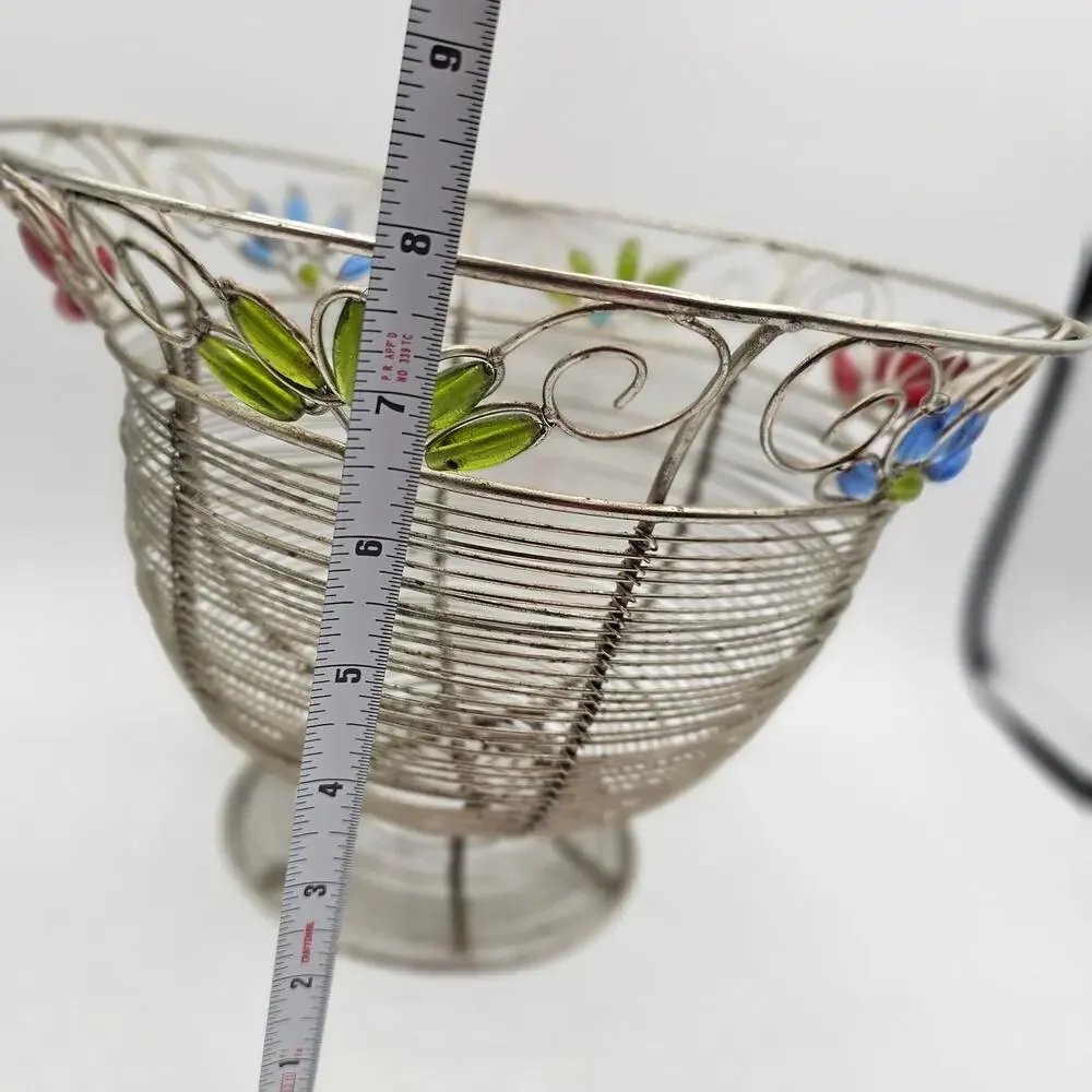 Vintage Beaded Wire Mesh Pedestal Basket Boho Floral Decor